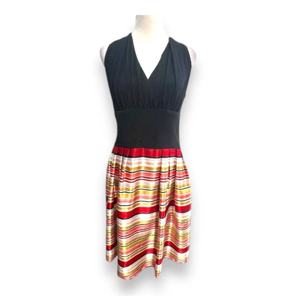 EVAN PICONE VTG Black Red Orange & Red silky stripe Black Knit Halter Dress 8